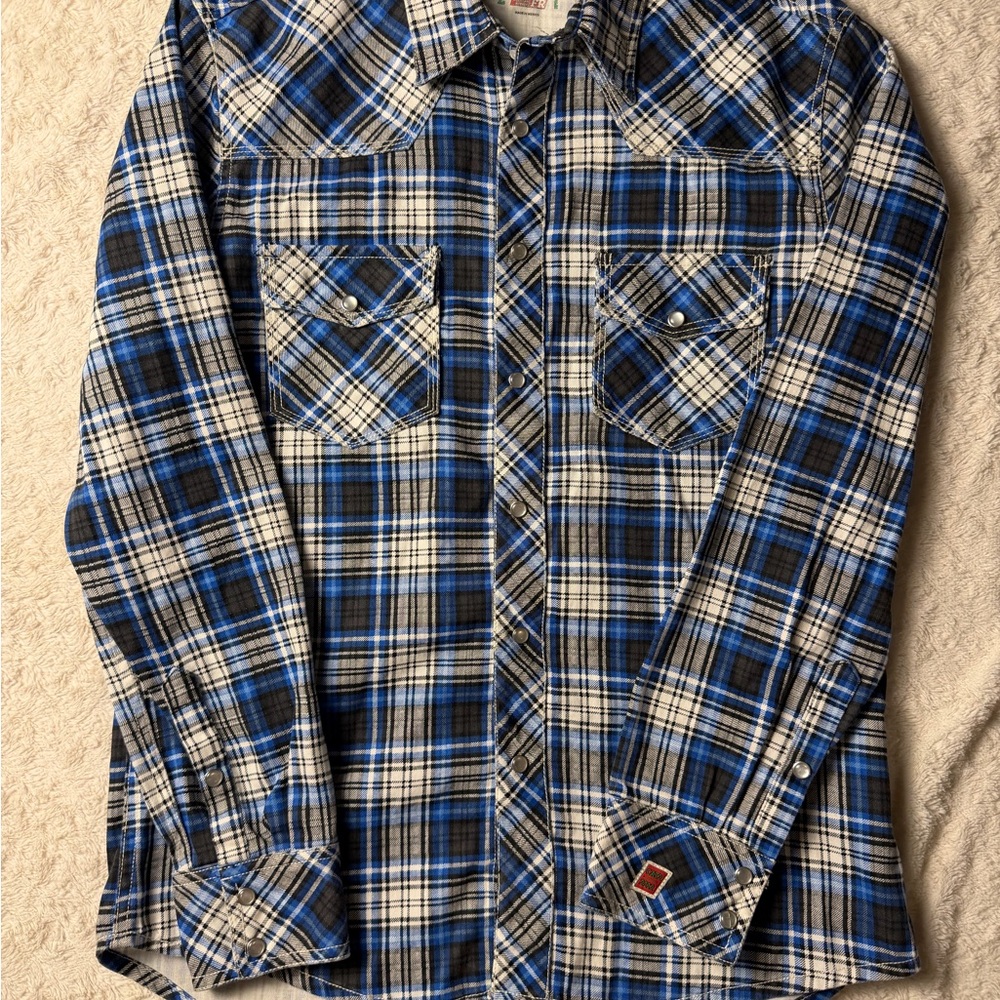 Rock & Roll Flame Resistant Plaid Work Shirt Blue Cotton Men's Size L